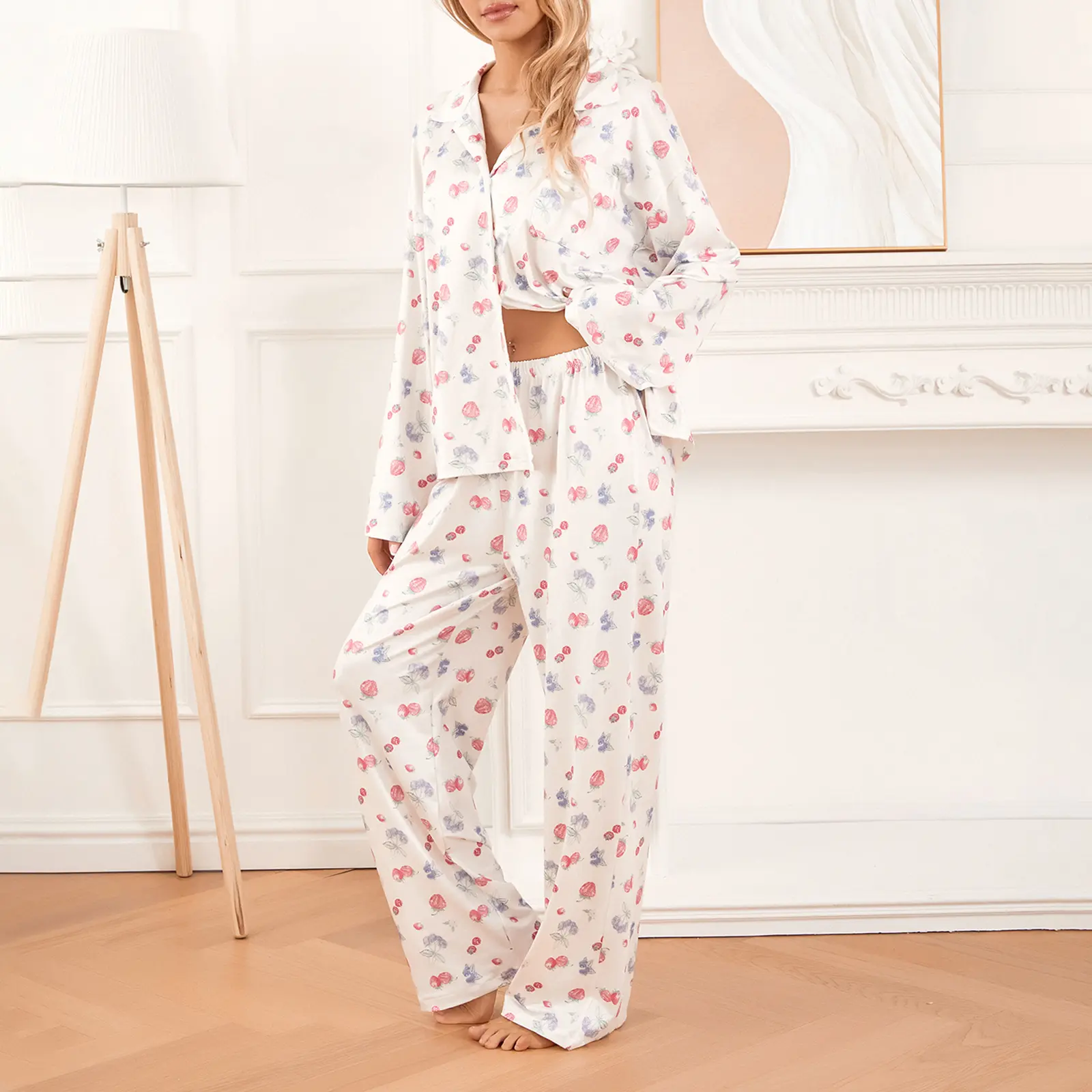 Women Versatile Pajamas Lounge Set Strawberry Print Turn-Down Collar Long Sleeve Shirts Tops and Pants 2 Piece Loungewear Outfits Nightwear, effortless layering, chic everyday, refined casual