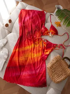 3pcs Women's Swimsuit, Sexy Bikini Sexy Style  ombré sunset print,Elegant Retro Swim max dress Coverups Beach Outfits For Woman Christmas party outfit ,gift for her，velentines vacation