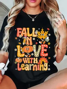 100% Cotton Unisex Fall In Love With Learning Autumn Thanksgiving Pumpkin T-Shirt