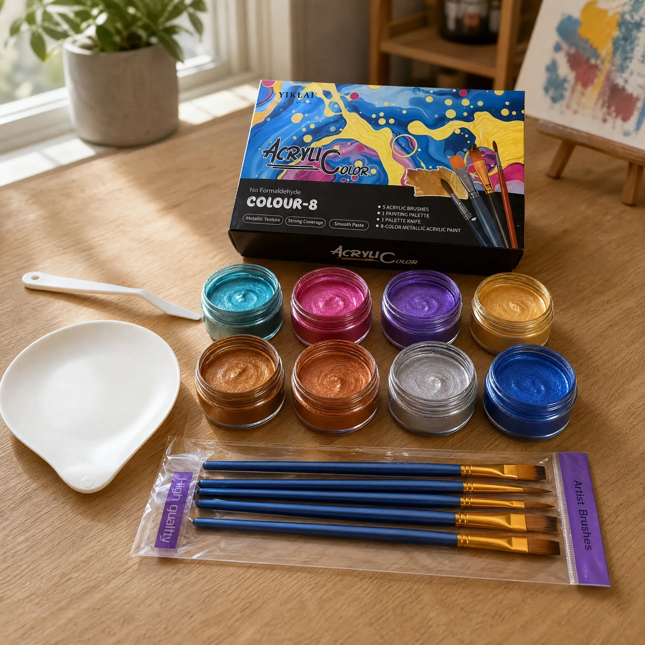 Metallic Acrylic Paint Set - Complete Non-Toxic Artist Kit with Brushes, Palette, Knife, Shimmer Pigments for Canvas, Rock DIY Crafts