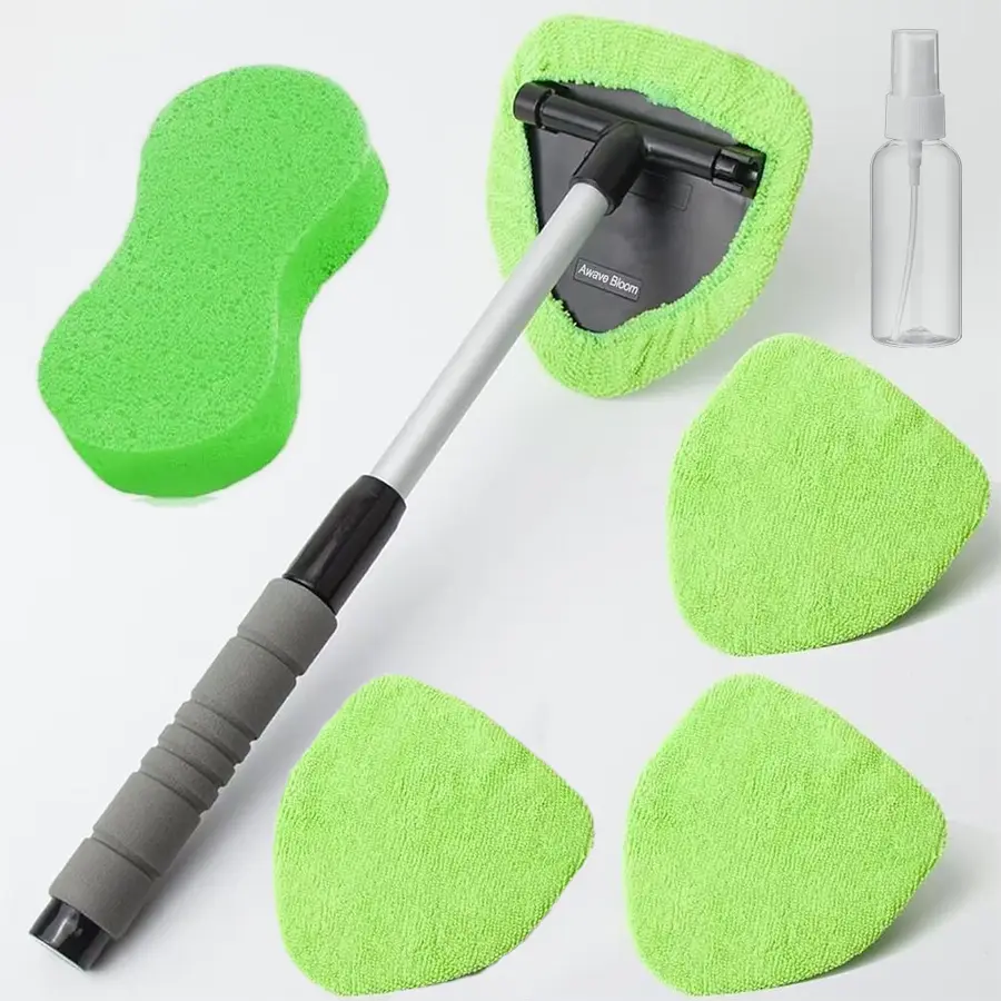 GMOX Car Windshield Cleaner Tool Kit with Extendable Handle, Microfiber Towel Pads, Brush, Empty Spray Bottle for Auto Glass Wiper Suvs Rvs & Home Windows (Green,Blue)