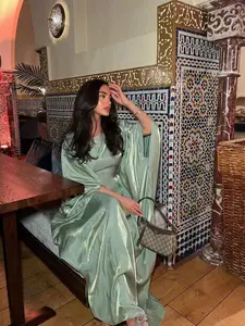 MQ104（1‑Piece Shiny Sage Green Satin Batwing Sleeve Abaya, Luxury Evening Modest Muslim Maxi Dress）