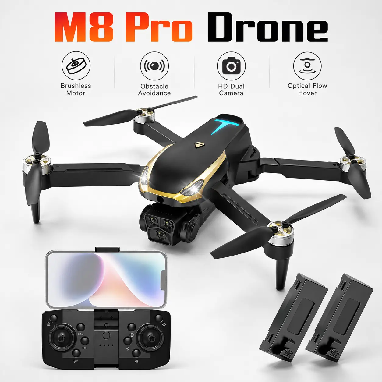 M8 Pro Wireless Drone with Camera - Foldable Remote Control Quadcopter Cameras Gadget, Optical Flow Hover, Plastic Build, Lithium Battery, Easy-to-Fly Beginner Kids' Gift (Electronics for Photography), Smartphone