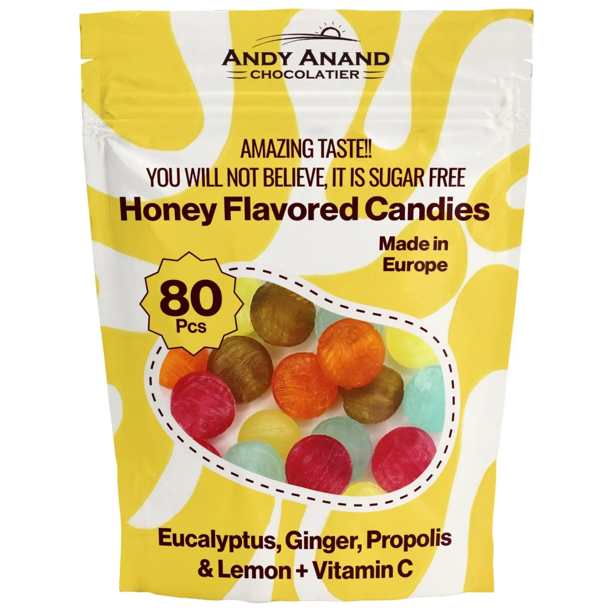 Andy Anand Sugar-Free Honey Ginger Candy with Propolis & Vitamin C, 70 pc, 7 oz – Functional European, Keto & Diabetic-Friendly Gift Box