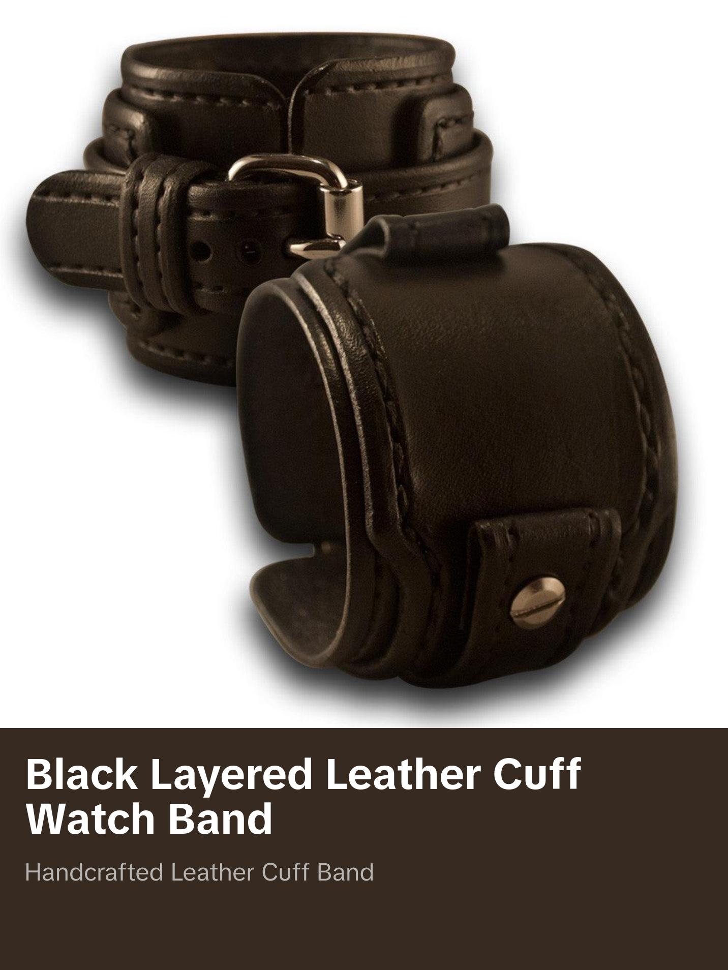 Black Layered Wide Leather Cuff Watch Band