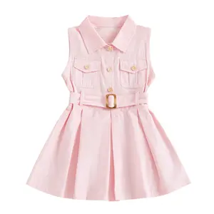 Toddler Baby Girls Casual Sleeveless Cargo Dress Solid Color Lapel Neck Button Up Pockets Front Pleated Sleeveless Tank Dresses with Belt