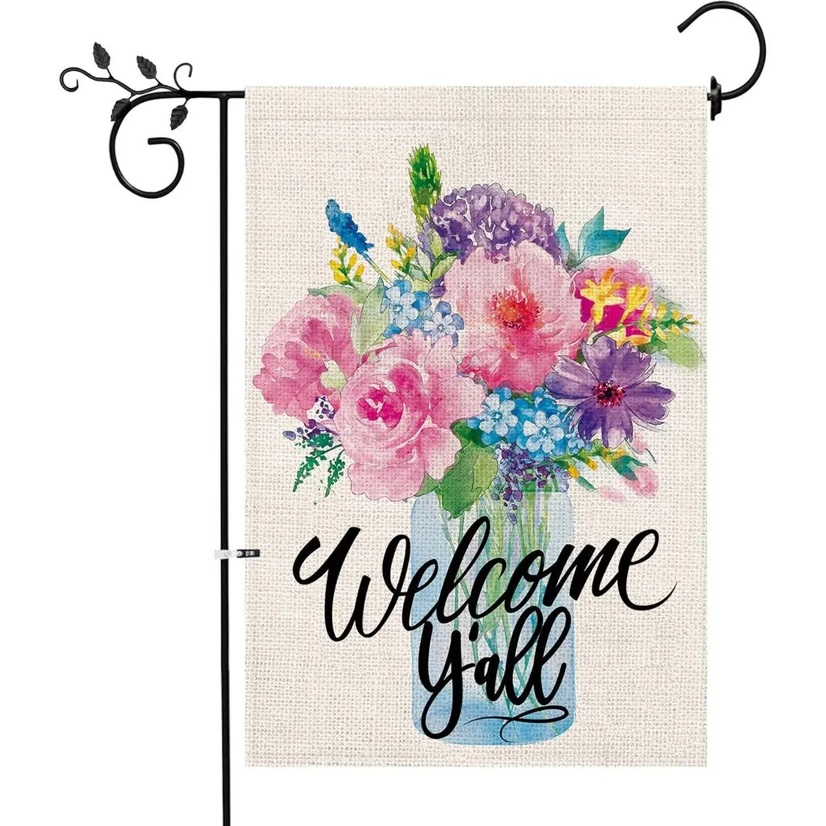 Welcome Y'all Mason Jar Flower Garden Flag 12x18in, Double-Sided Watercolor Floral Yard Decor, Farmhouse Spring Summer Outdoor Banner for Patio Porch