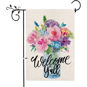 Welcome Y'all Mason Jar Flower Garden Flag 12x18in, Double-Sided Watercolor Floral Yard Decor, Farmhouse Spring Summer Outdoor Banner for Patio Porch