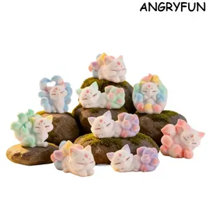 ANGRYFUN Flocked Nine-Tailed Fox Blind Box Figure, Cute Chinese Mythical Beast Plush Figurine, Kawaii Fox Fairy Collectible, Desk Ornament, Home Decor, Birthday Gift for Girls & Collectors