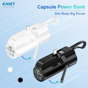 EAGET Small Power Bank 5000mAh,Capsule Power Phone Charger  ,Portable Charging Cable with Dual Type-C Chargeable,Ports for iP 16/ 15/15 plus/15 pro/15 pro Max/Android Smartphone/Samsung/Moto/LG etc (Black,White)Plug Travel Gadgets Rechargeable Batteries