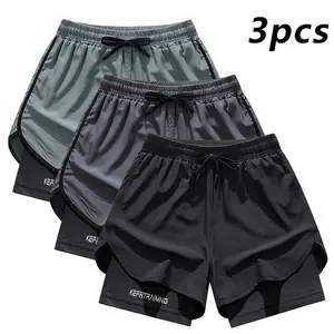 3-pack men’s double-layer quick-dry athletic shorts, American professional fitness style, ice silk breathable quick-dry fabric, built-in anti-exposure lining paired with side slit design, elastic drawstring waist for a comfortable fit that doesn’t pinch,
