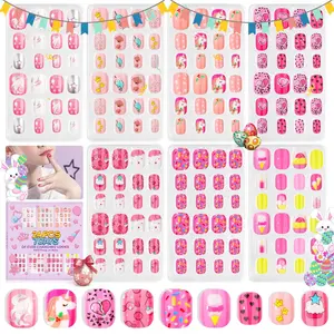 Kid Press on Nails for Girls 168PCS - Colorful Patterns, Short Square False Acrylic Nail Art, Strong Adhesion, Christmas, Easter Gifts, 8-12 Years