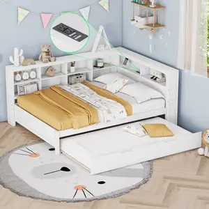 Full Size Daybed with Bookcase Headboard and Twin Size Trundle, Wooden Platform Bed Frame with Storage Shelf and USB Charging Ports, No Box Spring Needed