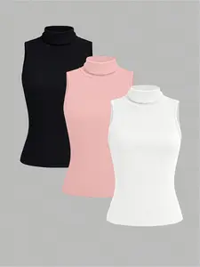 Women's Solid Color Turtle Neck Tank Top, Casual Sleeveless Top for Spring & Fall, Ladies Clothes for Daily Wear