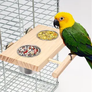 Wooden Bird Feeder with Wooden Platform, Removable Water Cup, Parrot Feeder, Pet Supplies