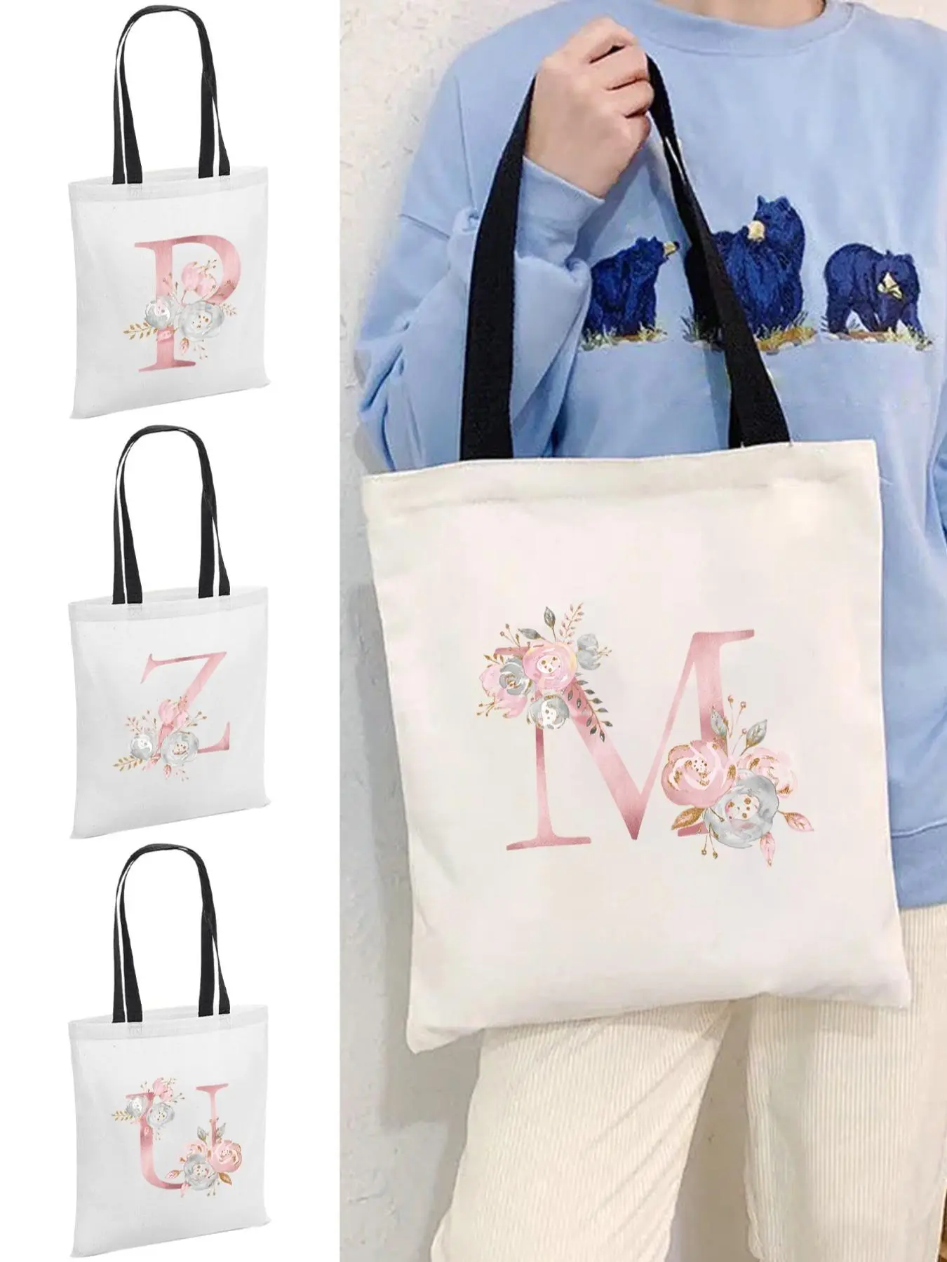 Fashion Letter Pattern Canvas Shoulder Bag, Large Capacity Monogram Canvas Tote Bag for Women, Commuting Carrying Bag, College Student Outfit Book Shoulder Bags, Folding Eco-friendly Shopping Bag, Floral Tote