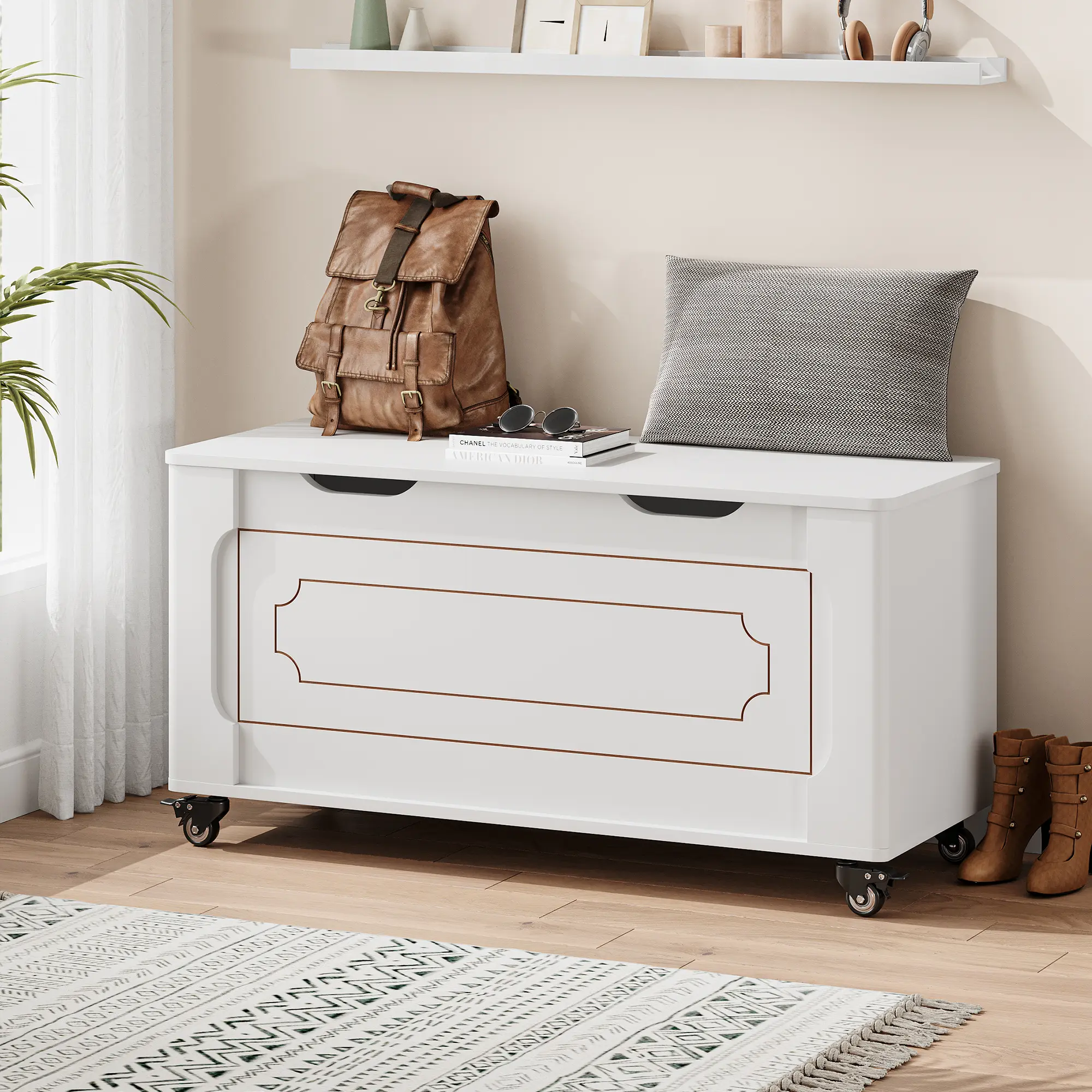 Farmhouse Storage Chest with 4 Wheels 39.4 Inch Wooden Storage Bench Blanket Chest with 2 Safety Hinges Round Corner Storage Trunk for Entryway Living Room Bedroom White