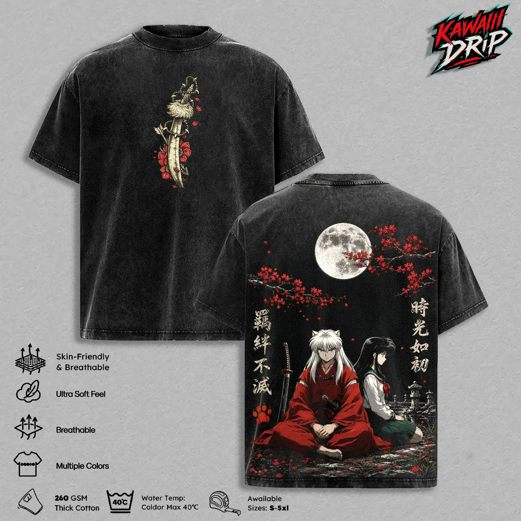 Inuyasha Vintage Washed Anime T-Shirt - Inuyasha Anime Couple Graphic Tee, Retro Japanese Manga Streetwear Oversized Heavy Cotton Shirt Unisex Apparel, Gift for Men & Women