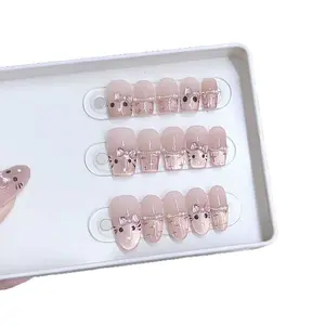 Hand-Painted Cat Face Nails with Pink Gradient Halo Press-Type Acrylic False Nails Detachable Reusable Personalized Versatile Design