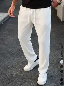 Men's Solid Color Textured Drawstring Waist Pants, Regular Fit Casual Comfy Breathable Straight Leg Trousers for Daily Wear, Men's Bottoms for All Seasons, Casual Sporty Trousers