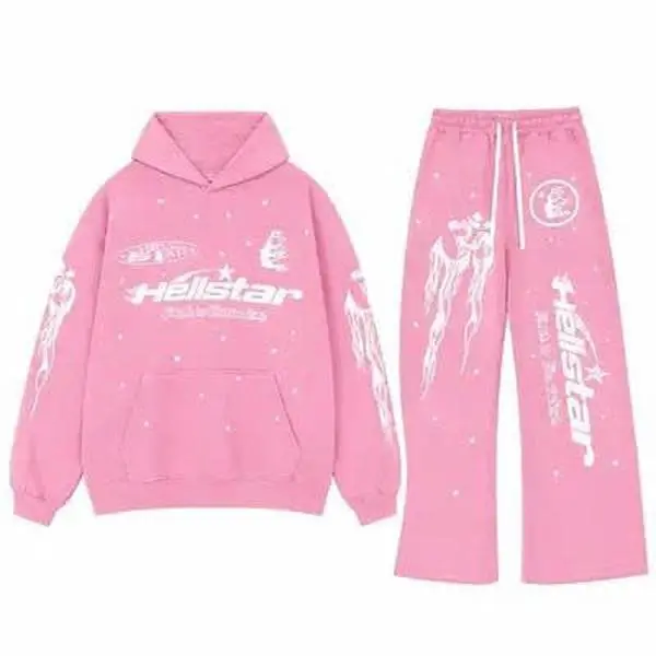 Hellstar Pink Flame Star 2 Piece Hoodie and Sweatpants Set | Oversized Y2K Graphic Tracksuit | Unisex Pink Streetwear Sweatsuit