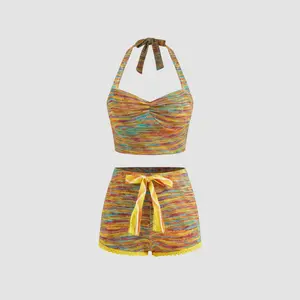 Cider [size 2-10] Halter Rainbow Striped Crop Top & Low Rise Knotted Shorts