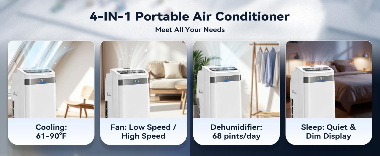 TEHANLD 2026 Model 12000 BTU Portable Air Conditioner, 4-in-1 Cooling+Fan Unit for 550 Sq.Ft Rooms, with Dehumidifier, Remote Control, Sleep Mode, 24H Timer, Window Kit for Large Room, Office