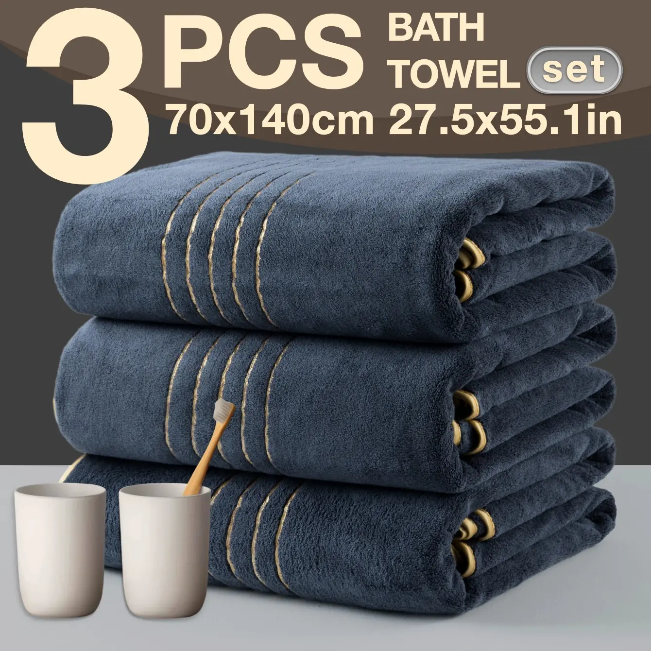 3pcs Luxury Embroidered Bath Towel Set, 70x140cm, 300gsm, Quick-Dry, Super Absorbent, Microfiber, Soft & Comfortable, Ideal for Travel & Home Use, Quick Drying Towels