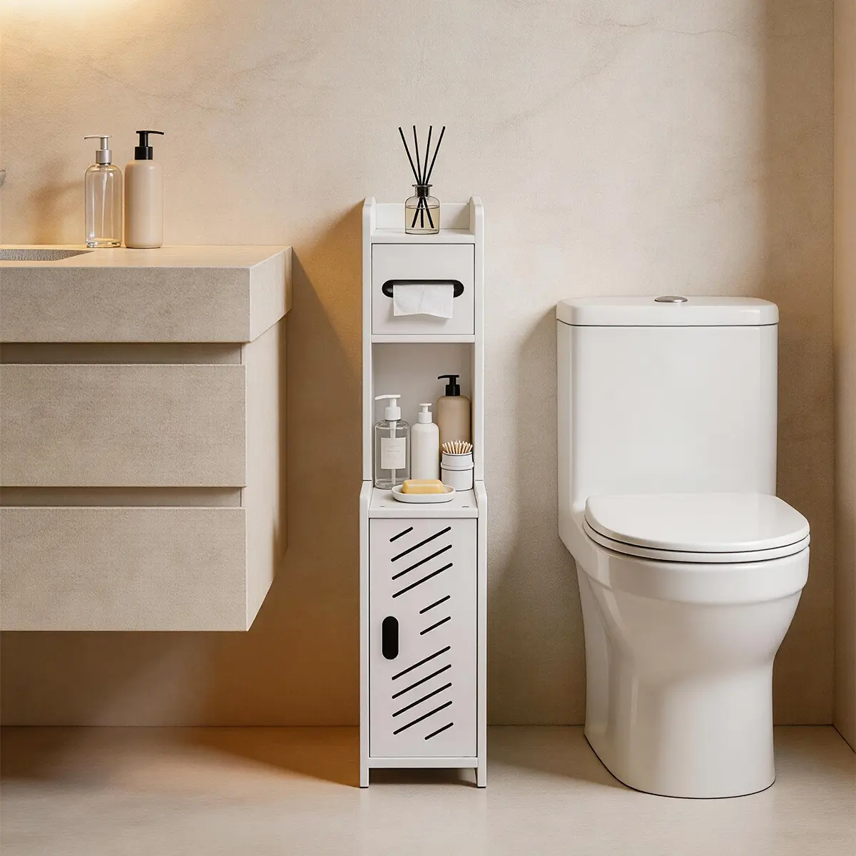 Slim Toilet Paper Storage Cabinet, Freestanding Toilet Paper Holder Stand, Bathroom Storage Cabinet for Storage and Toilet Paper Organization (White)