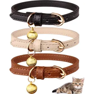 3 Pack Leather Cat Collars with Bells Soft Pet Safety Collar Kitten Collars with Bell Black Chocolate Beige(S)