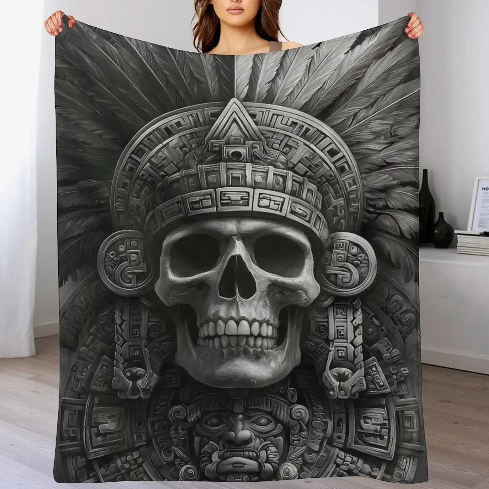 Aztec Skull & Maya Feathered Serpent Print Flannel Blanket - Cozy Throw for Bed, Decorative Sofa Blanket, Native American Inspired Warm Soft Cover, Cozy Throw Blankets