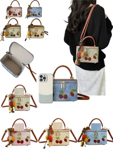 Cute Mini Square Bag with Cherry Embroidery, Lightweight and Trendy, Four Dreamy Colors, Perfect for Sweet, Includes Bead Pendant