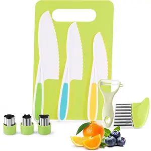 9Pcs Kitchen Tools Cookware Baking Toy, Kids Knife Set for Real Cooking with Cutting Boards, Crinkle Cutter, Y Peeler, Serrated Edges Plastic Toddler Safe Kid Knives