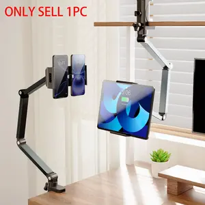 Adjustable Long Arm Foldable Tablet Stand, Desktop Phone Holder with Clip, Smartphone, Live Streaming Stand, Manual Adjustment, Android, Aluminum Alloy & Abs