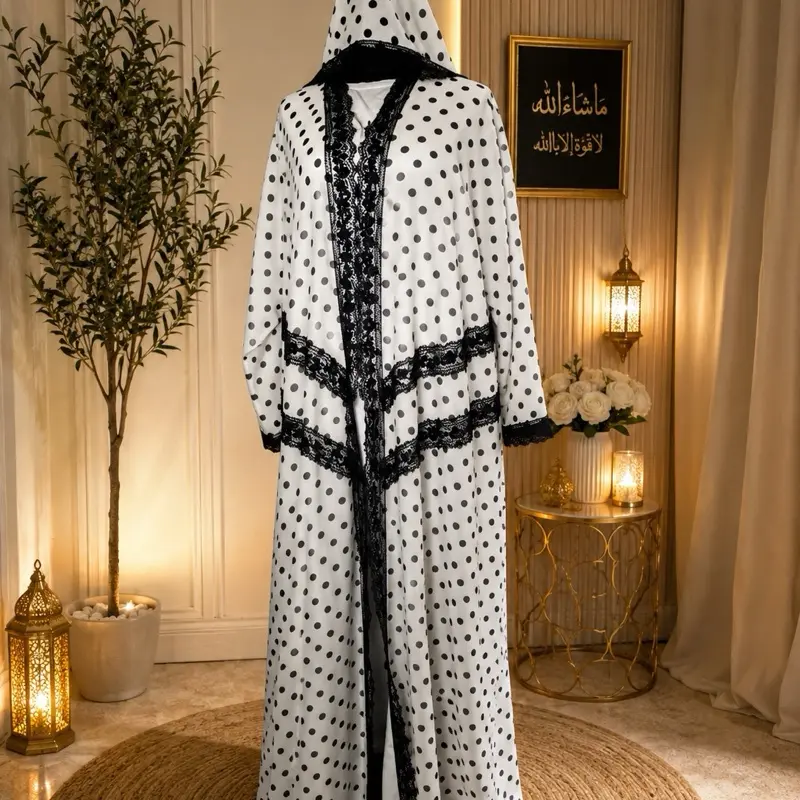 Women's Kimoni Lace Dot Abaya - Long Sleeve Islamic Clothing, Elegant Modest Fashion