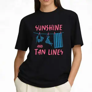 Womens Sunshine And Tan Lines T Shirt, Retro Beach Bikini Clothesline Graphic Tee, Comfortable Casual Wear T-Shirt for Summer Getaways, Trendy Summer Aesthetic Outfit T-Shirt