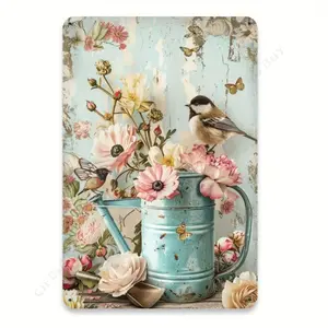 Vintage Floral & Bird Metal Wall Decor, 8x12 Inch Flat Rustic Spray Bottle with Peony Rose Butterfly Design