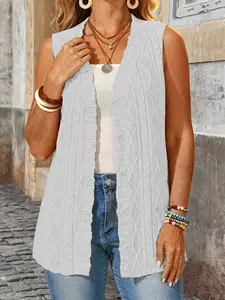 Women's Sleeveless Knit Vest, Breathable Solid Color Top, Elegant Summer Vacation, Plus Size Casual Fit Open Front Jacket, Womenswear
