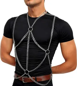 Men's Chest Belt Chain Costume Fashion Male Goth Shirt Festival Outfit Shoulder Belt Mens Rave Outfit for Festival Party Rave Halloween Cosplay (Silver)Gift.