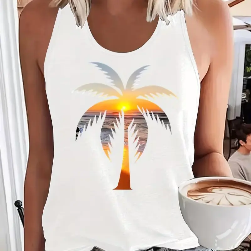Women's Sleeveless Racerback Tank Top, Tropical Vibe Sunset Beach Palm Tree Silhouette, Polyester Fabric