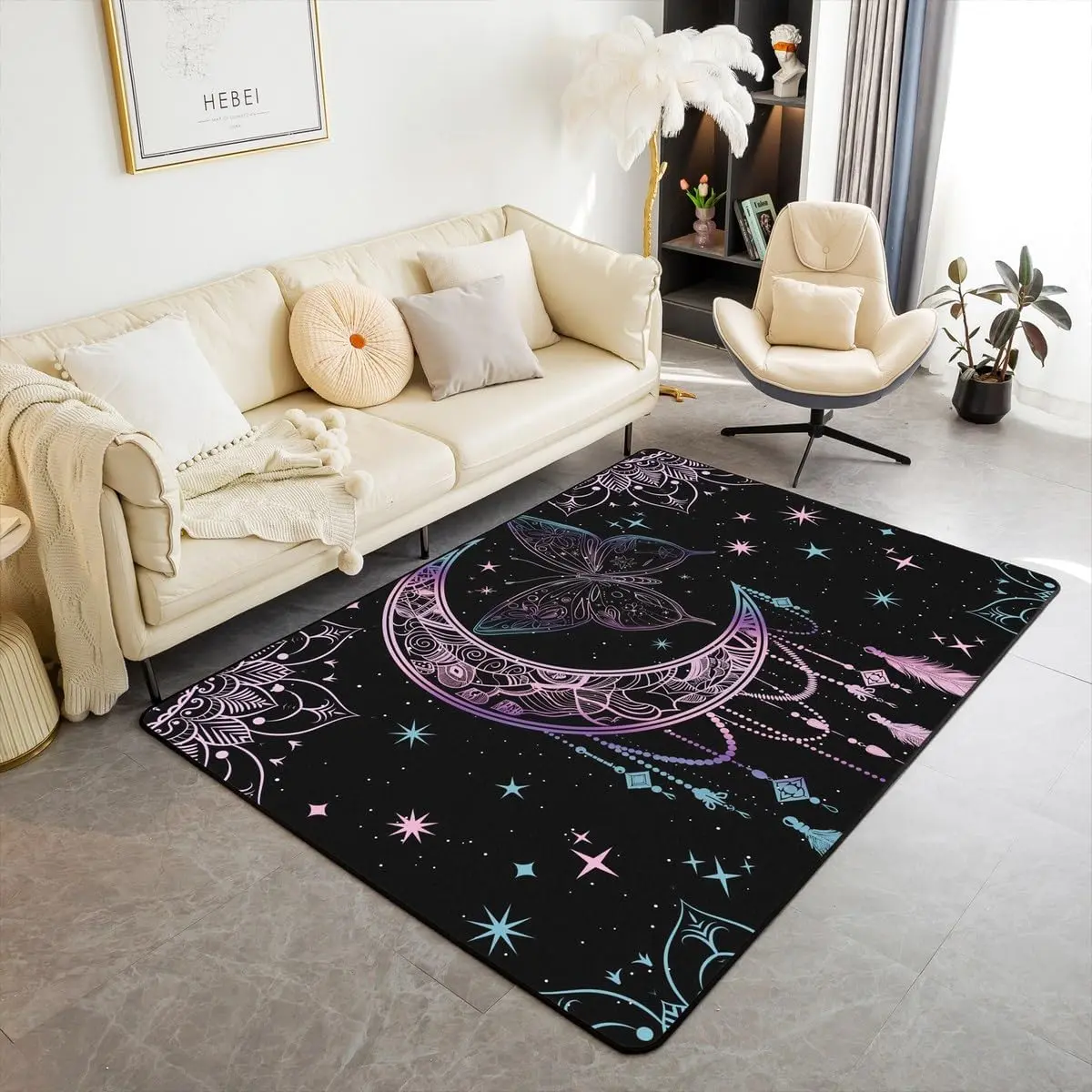 Dreamcatcher Area Rug,Moon Star Galaxy Trippy Indoor Floor Mat Entrance Rug Room Decor,Mandala Feather Western Tribal Ethnic Non Slip Rug,Bohemia Chic Couch Living Room Decor