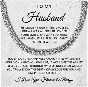 To My Husband Necklace With Message Card, Husband Gift From Wife, Necklace For Husbands, Gift For Husbands Birthday Christmas Wedding Day, Cuban Chain Necklaces For Him Men