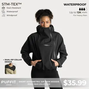 PUFFIT STM-TEX Short Rain Hoodie With Asymmetric Zip and Adjustable Hem,Chest Pocket Design,Spring Hooded Jacket,Waterproof Jacket,Women Jacket,Spring Jacket,Windbreaker,Dog Walking,School Running,Football Mum,Stylish