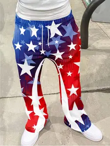 Men's Vintage Distressed Bell Bottom Pants, Patriotic Flag Print Drawstring Sports Pants, 3D Soft Breathable Fabric, Casual Street Comfy All-Season Wear