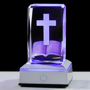 3D Crystal Cross Figurine with Colorful Light Base, Laser Engraved Bible Religious Gifts for Women Men, Christian Collectible Decoration for Home Office