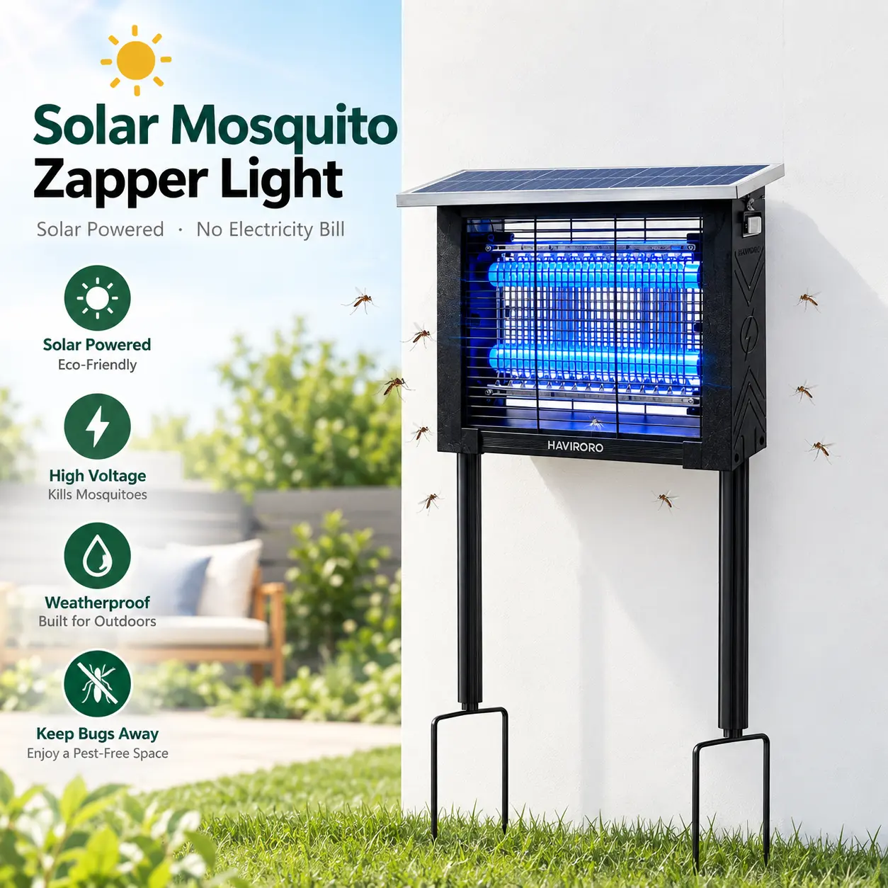 Solar Bug Zapper Electronic Mosquito Killer - UV Light, 4500V Zap Power, Rechargeable Cordless Fly & Insect Trap with Batteries, Waterproof, Hang/Stand/Ground, Ideal for Patios, RV Camping