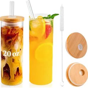 20 Oz Glass Cups With Bamboo Lids And Glass Straw 2pcs Set Beer Can Shaped Drink