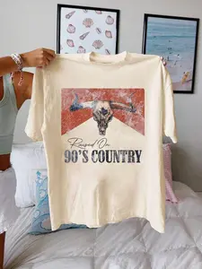 Women's Vintage Country Themed Round Neck Graphic Tee, Casual Cowboy Boots & Hat Printed T-shirt for Daily Wear, Ladies Clothes for All Seasons, Womenswear Top