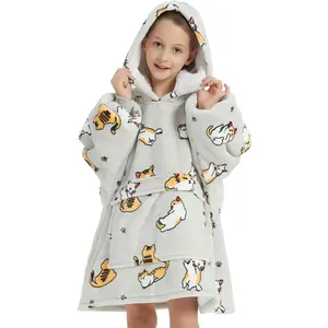 Wearable Blanket Hoodie for Kids Sherpa Patterns Oversized Sweatshirt Blanket With Pocket 6-10 Year Old Girl Boy Birthday Gifts Cat