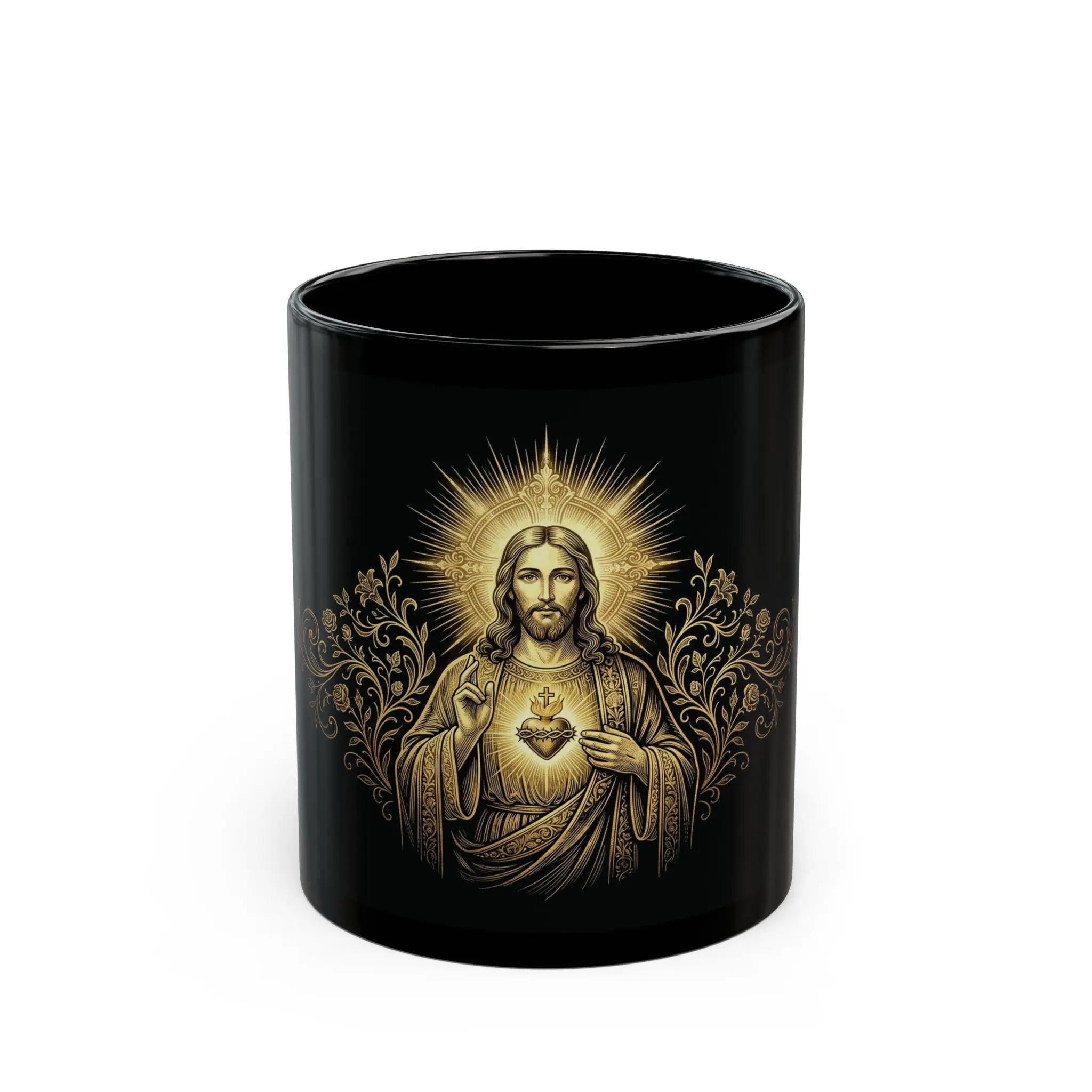 Sacred Heart of Jesus Gold-Leaf Black Mug | Catholic Coffee Mug, Christian Faith Gift, 11oz & 15oz